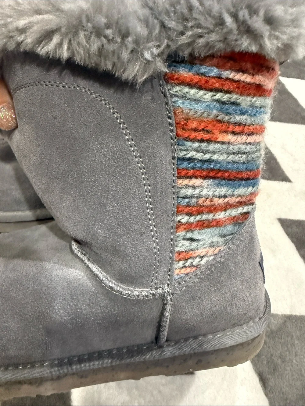 Lamo Women's Gray Faux Fur Winter Boots with Patterned Side Panel
